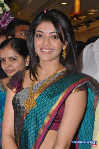 Kajal Aggarwal Stills in Green Silk Saree at Chennai Shopping Mall launch