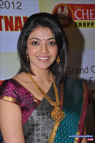 Kajal Aggarwal Stills in Green Silk Saree at Chennai Shopping Mall launch
