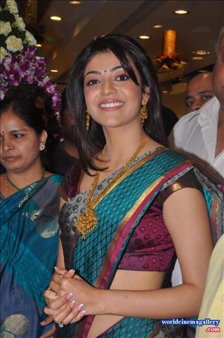 Kajal Aggarwal Stills in Green Silk Saree at Chennai Shopping Mall launch
