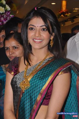 Kajal Aggarwal Stills in Green Silk Saree at Chennai Shopping Mall launch