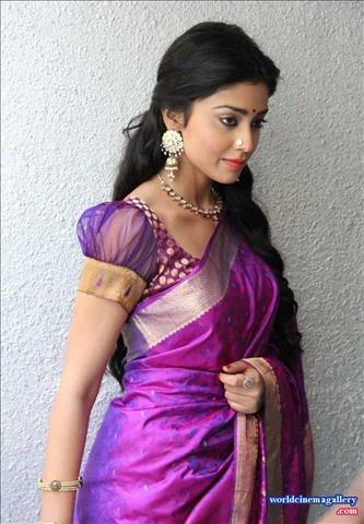 Shriya Saran in Blue Saree Stills at Chandra Movie Press Meet