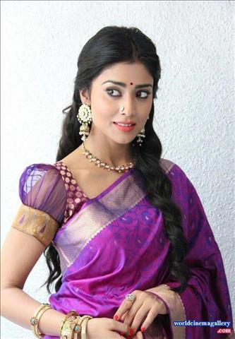 Shriya Saran in Blue Saree Stills at Chandra Movie Press Meet