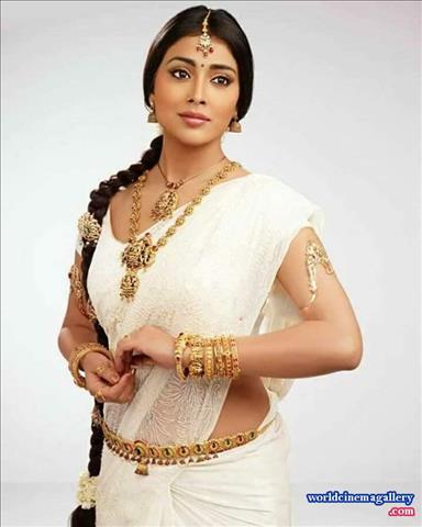 Shriya Saran white Saree stills